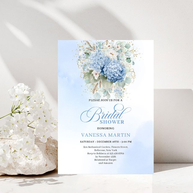 Convites Chic Rústico Boêmio Chuveiro de Noiva com Hortênsi (Rustic Bohemian Blue Hydrangeas Bridal Shower Invitation)