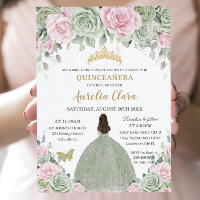 Convites Chic Sage Green Baby Rosa Dourada Floral Quinceañe (Criador carregado)