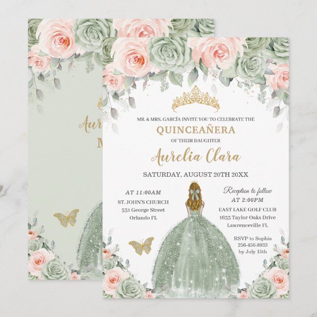 Convites Chic Sage Green Blush Floral Blona Quinceañera (Frente/Verso)