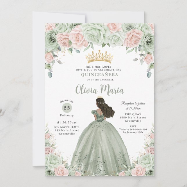 Convites Chic Sage Green Blush Princesa Floral Quinceañera (Frente)