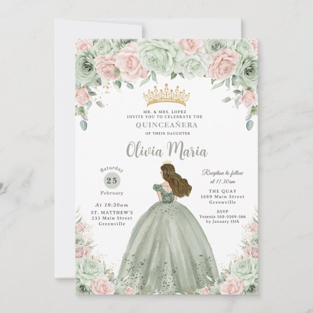 Convites Chic Sage Green Blush Princesa Floral Quinceañera (Frente)