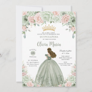 Convites Chic Sage Green Blush Princesa Floral Quinceañera