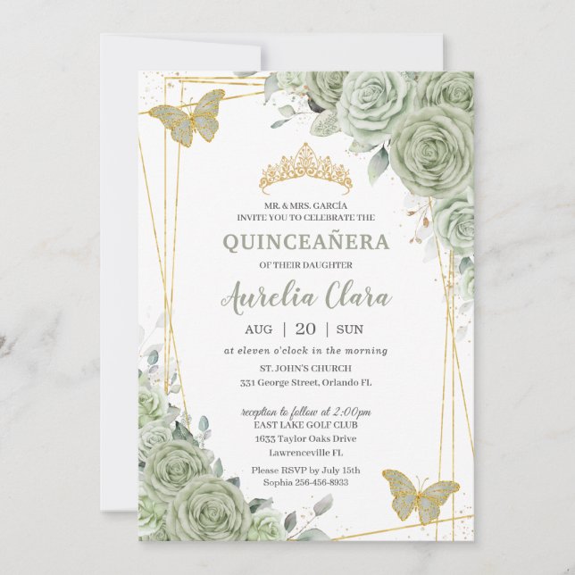 Convites Chic Sage Green Butterflies Quinceañera (Frente)