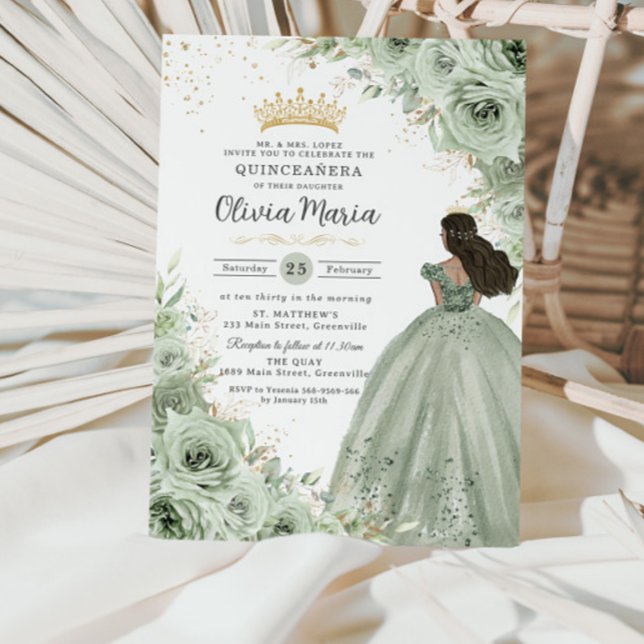 Convites Chic Sage Green Floral Brown Princesa Quinceañera (Criador carregado)