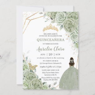 Convites Chic Sage Green Floral Brown Princesa Quinceañera