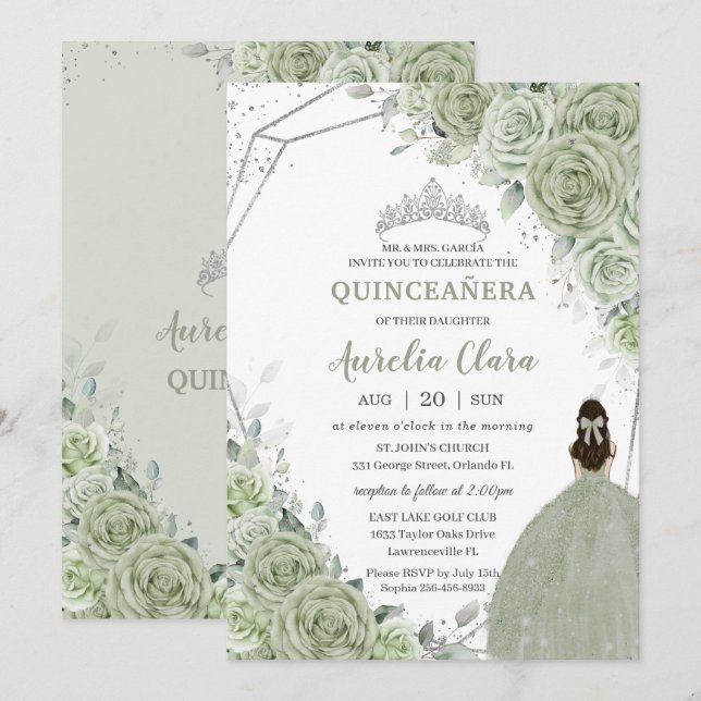 Convites Chic Sage Green Floral Princesa Silver Quinceañera (Frente/Verso)