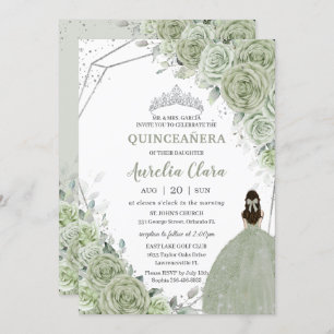 Convites Chic Sage Green Floral Princesa Silver Quinceañera