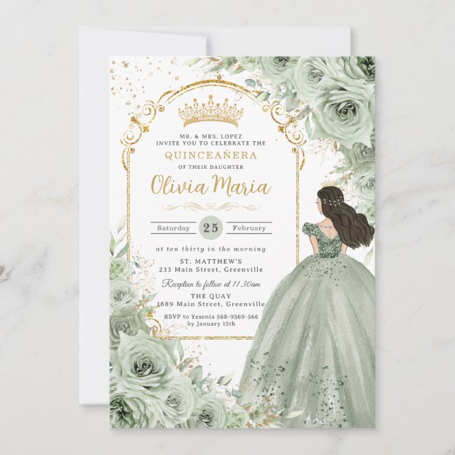 Convites Chic Sage Green Floral Rosas Princesa Quinceañera (Frente)