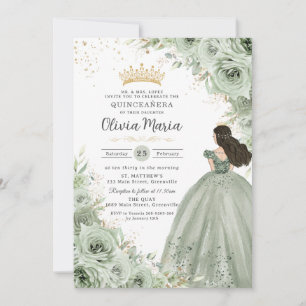 Convites Chic Sage Green Floral Rosas Princesa Quinceañera