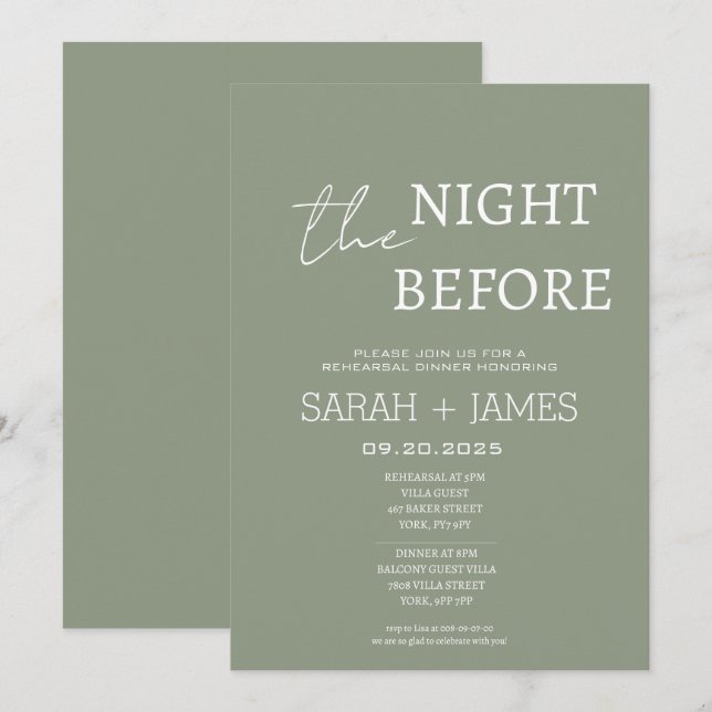 Convites Chic Sage Green na Noite antes do Janto de ensaio (Frente/Verso)