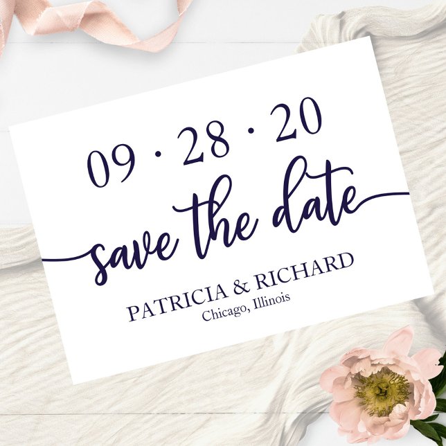 Convites Chic Script Azul Marinho Branco Casamento Save The (Criador carregado)