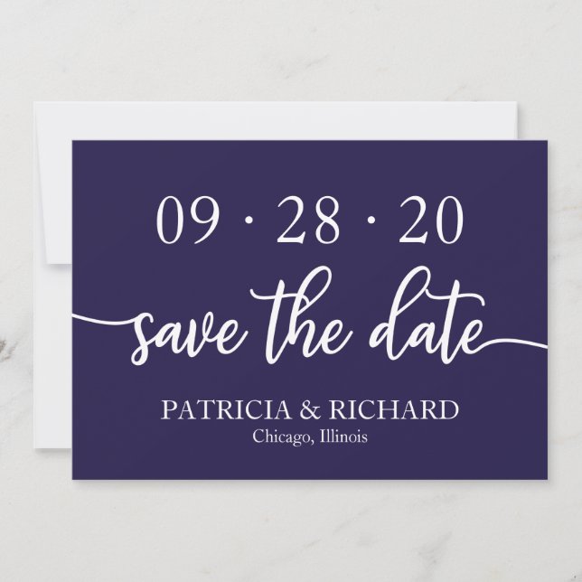 Convites Chic Script Azul Marinho Casamento Save The Date (Frente)
