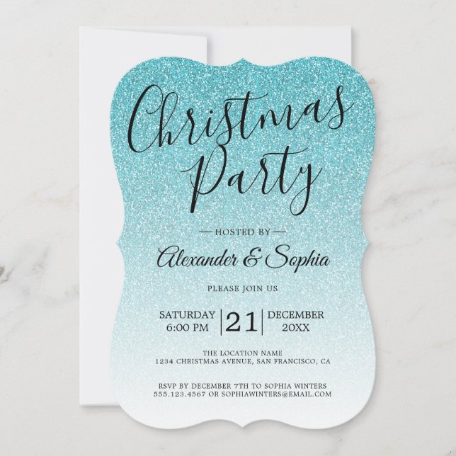 Convites Chic Script Blue Glitter Ombre Festa de Natal Inv (Frente)