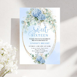 Convites Chic Script Blue Hydrangea Gold Sweet Sixteen