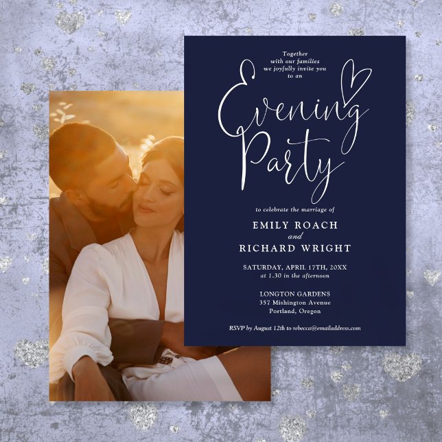 Convites Chic Script Foto Azul Marinho Casamento Festa Notu (Chic Script Photo Navy Blue Wedding Evening Party Invitation)