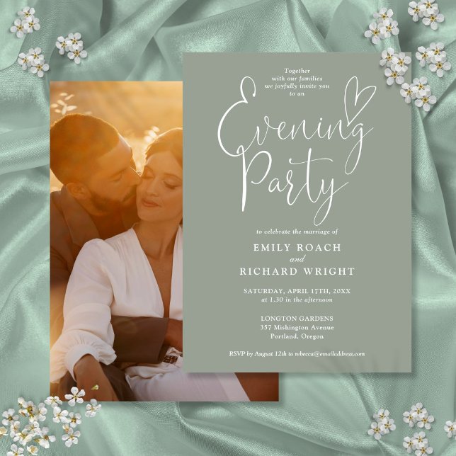 Convites Chic Script Foto Sage Verde Casamento Festa Noturn (Chic Script Photo Sage Green Wedding Evening Party Invitation)