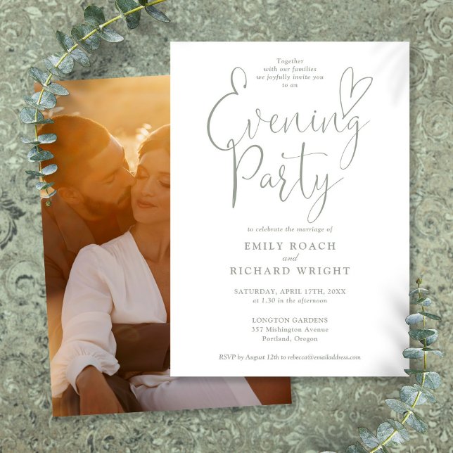 Convites Chic Script Foto Sage Verde Casamento Festa Noturn (Chic Script Photo Sage Green Wedding Evening Party Invitation)