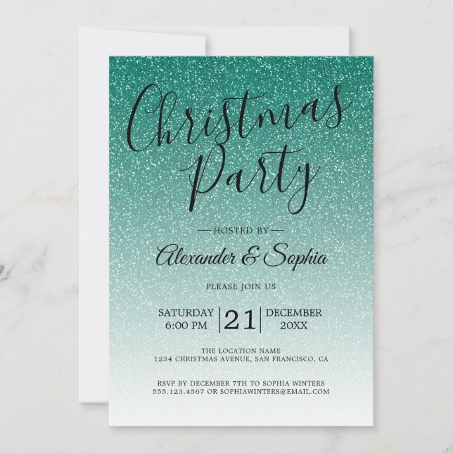 Convites Chic Script Green Glitter Festa de Natal do Ombre (Frente)