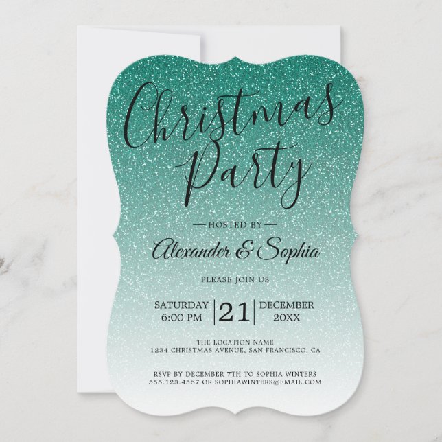 Convites Chic Script Green Glitter Festa De Natal Do Ombre (Frente)