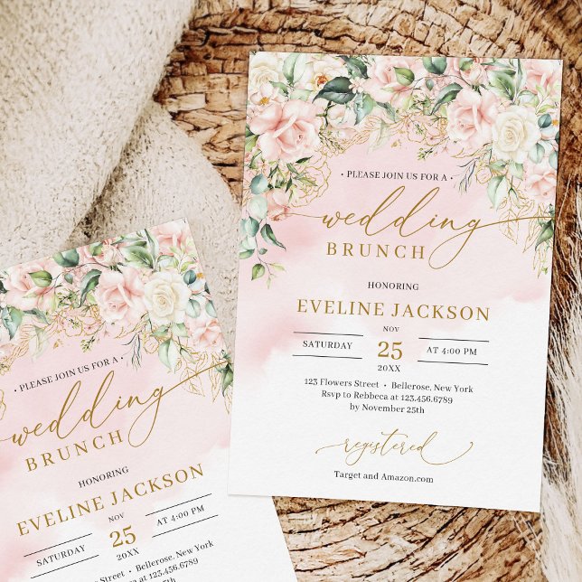 Convites Chic script pastel rosa rosas sage brunch (Chic watercolor blush flowers eucalyptus gold wedding brunch invitation template)
