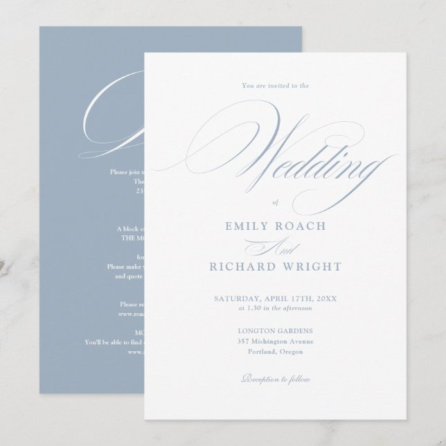 Convites Chic Script Tudo Em Um Casamento Azul Empoeirado (Frente/Verso)