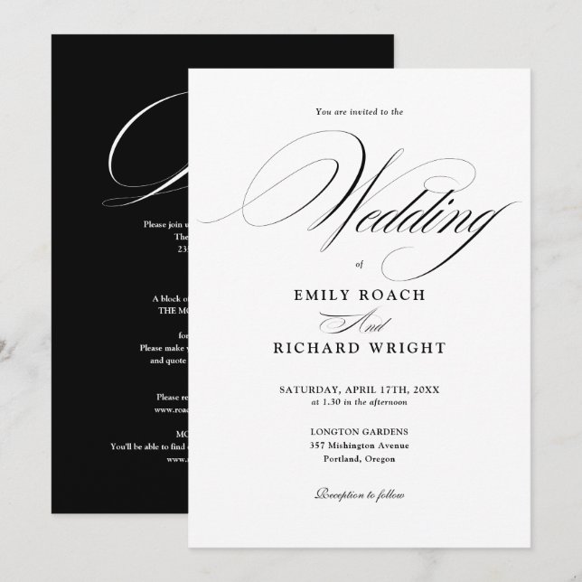 Convites Chic Script Tudo Em Um Casamento Preto E Branco (Frente/Verso)