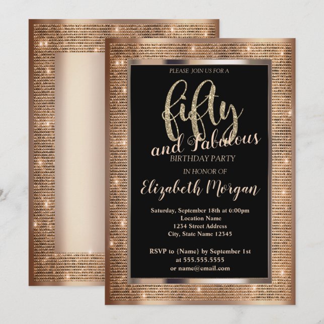 Convites Chic Sequins Frame 50º Aniversário (Frente/Verso)