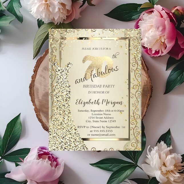 Convites Chic Sequins Vestir o Dourado 70 de aniversário (Criador carregado)