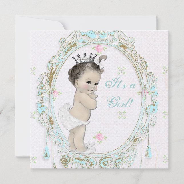 Convites Chic Shabby Azul Turquesa Princesa Baby Shower (Frente)