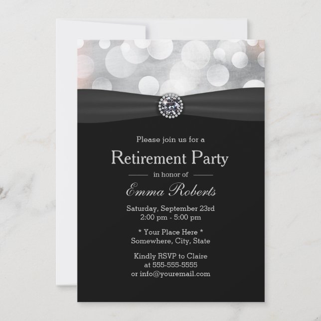 Convites Chic Silver e Black Diamond Retirement Party (Frente)
