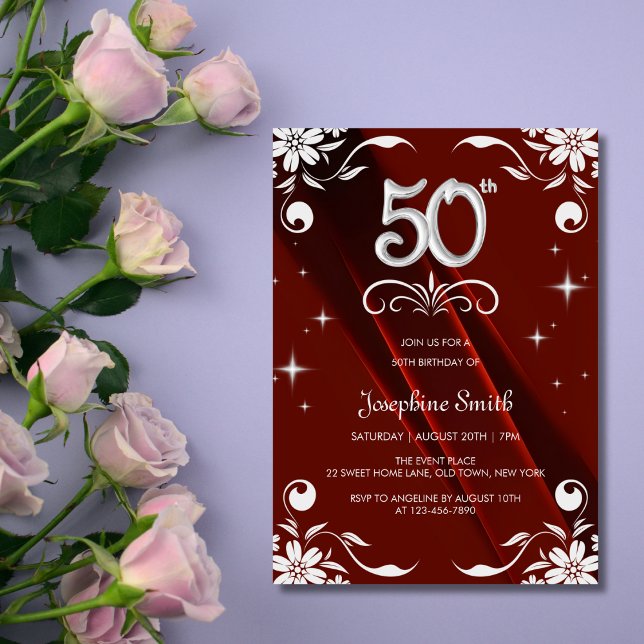 Convites Chic Silver Floral Frame Burgundy 50º Aniversário (Criador carregado)