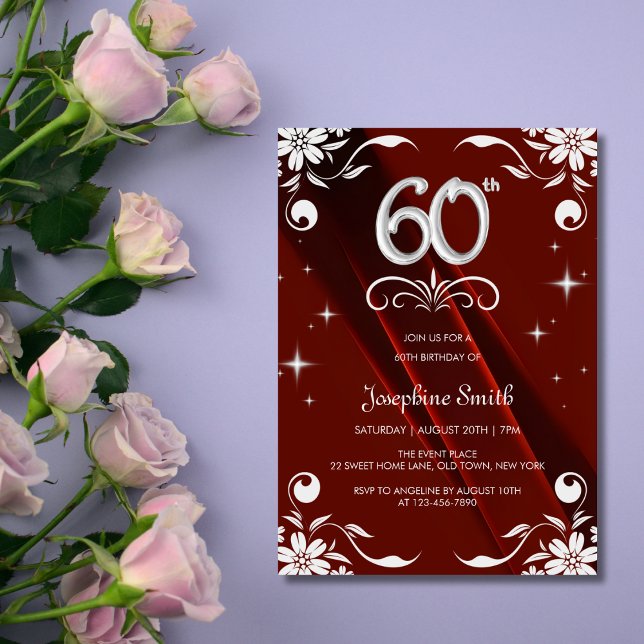 Convites Chic Silver Floral Frame Burgundy 60º Aniversário (Criador carregado)