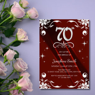 Convites Chic Silver Floral Frame Burgundy 70 Birthday