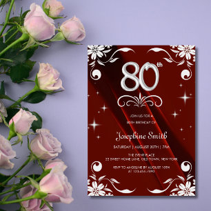Convites Chic Silver Floral Frame Burgundy 80 Birthday