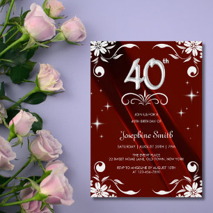 Convites Chic Silver Floral Frame Burgundy aniversário de 4