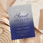 Convites Chic silver glitter navy blue elegant Sweet 16<br><div class="desc">A modern,  pretty chic and elegant faux silver glitter shower ombre with navy blue color block Sweet 16 birthday party invitation with and elegant silver frame Perfect for a princess Sweet sixteen.</div>