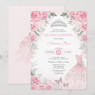 Convites Chic Silver Rosa, Quinceañera Princesa Vestida
