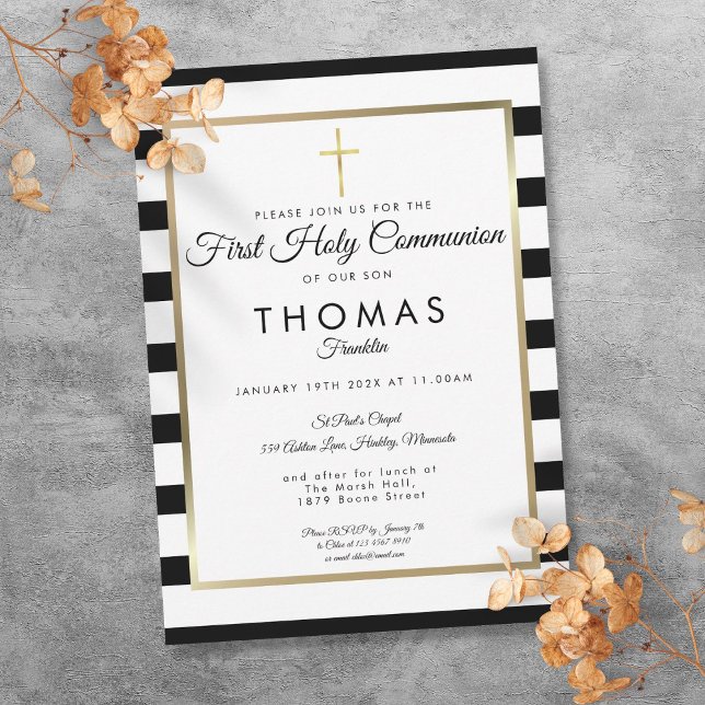 Convites Chic Simples Cruz de Ouro Primeira Comunhão (Chic Simple Gold Cross First Holy Communion Invitation)