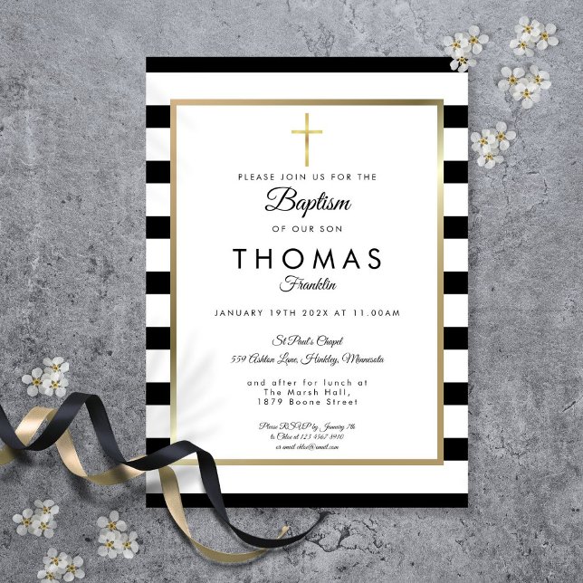 Convites Chic Simples Cruz Dourada Batismo Batizado (Chic Simple Gold Cross Baptism Christening Invitation)