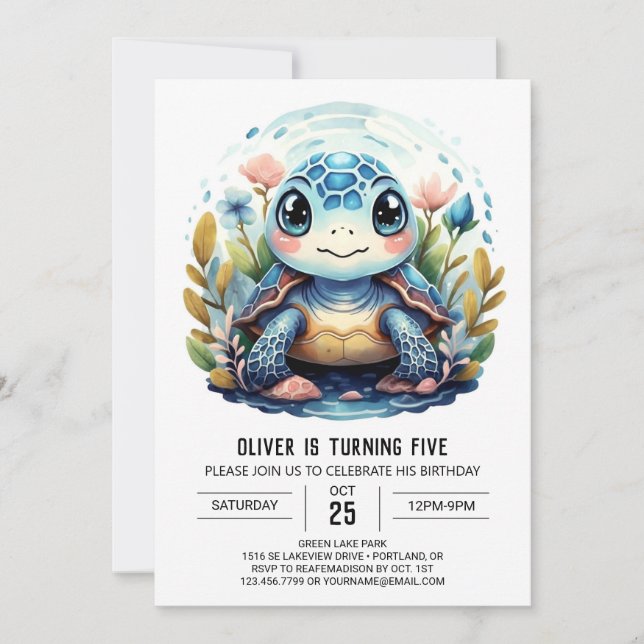 Convites Chic sob o mar Blue Turtle Boy Aniversário (Frente)