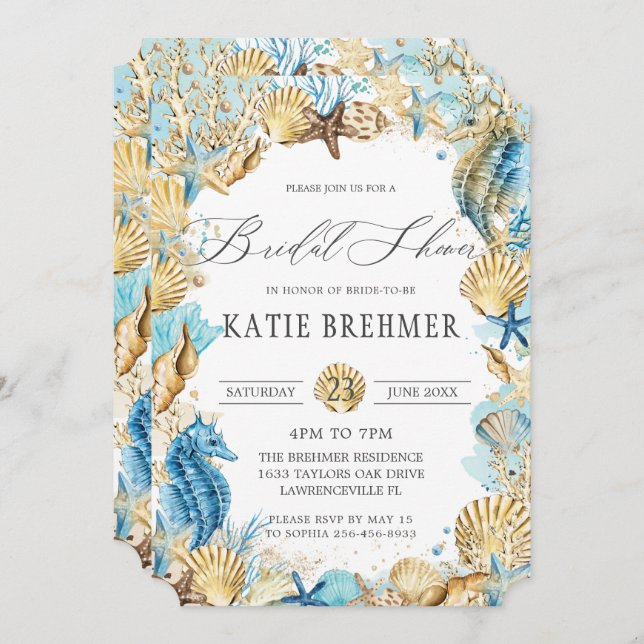 Convites Chic sob o mar Chá de panela de Sereia Azul Dourad (Frente/Verso)
