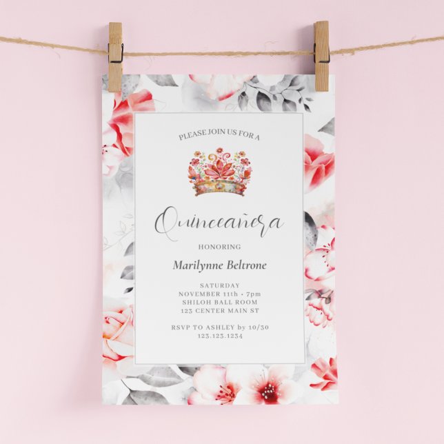 Convites Chic Sofisticado Quinceañera Floral Vermelho (Criador carregado)