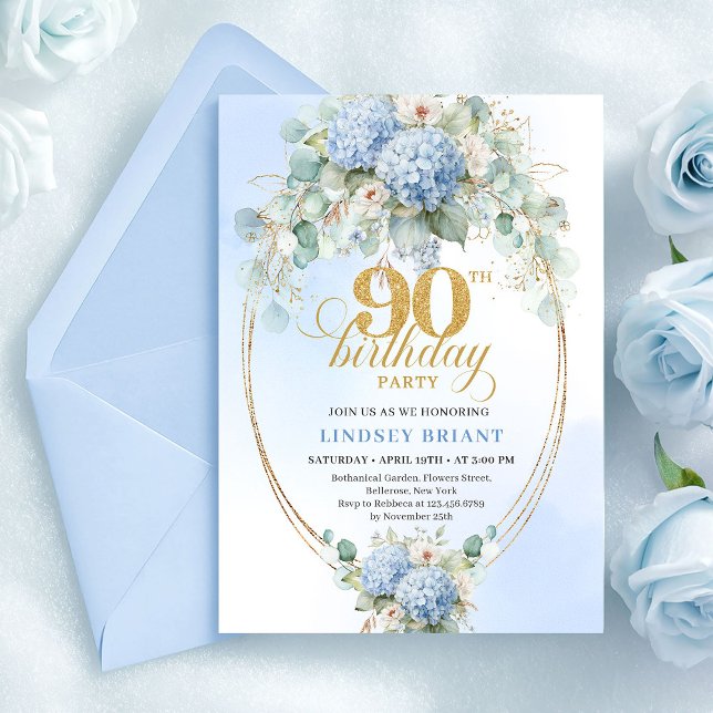 Convites Chic Soft Blue Floral Eucalyptus 90th Birthday (Chic Soft Blue Floral Eucalyptus 90th Birthday)