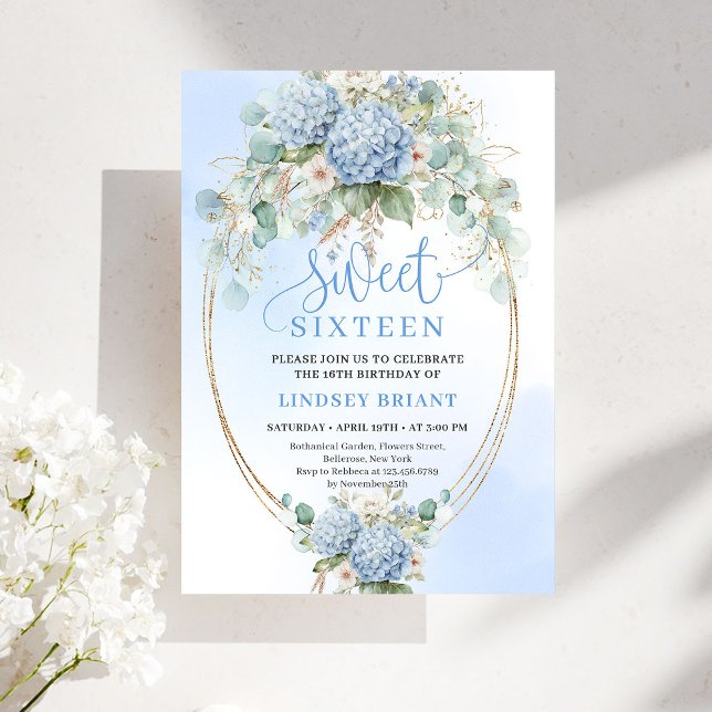 Convites Chic Soft Blue Floral Gold Sweet 16 Birthday Party (Soft Blue Floral Gold Sweet 16 Birthday Party Invite)