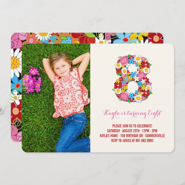 Convites Chic Spring Flowers Girl 8th Birthday Foto Invite (Frente/Verso)