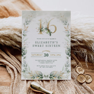 Convites Chic Sweet 16 Botanical Greenery Dourado Aniversá