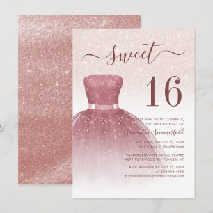 Convites Chic Sweet 16 Glitter Dourado de Rosa, Aniversári