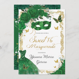 Convites Chic Sweet 16 Mascarada Emerald Green Floral Doura