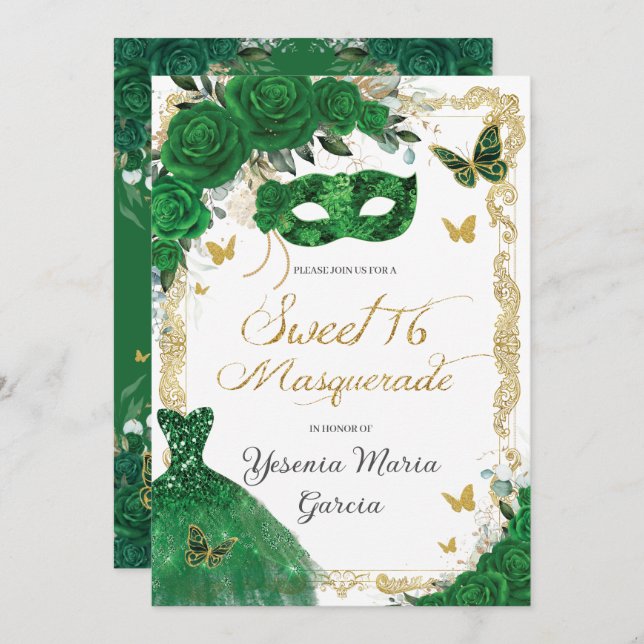 Convites Chic Sweet 16 Mascarada Emerald Green Floral Doura (Frente/Verso)