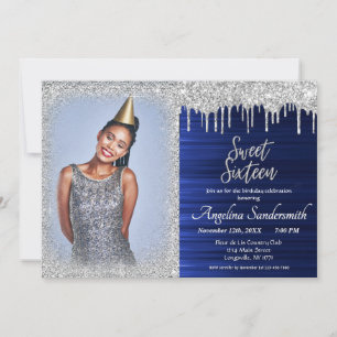 Convites Chic Sweet 16 Silver Blue Glitter Sparkles